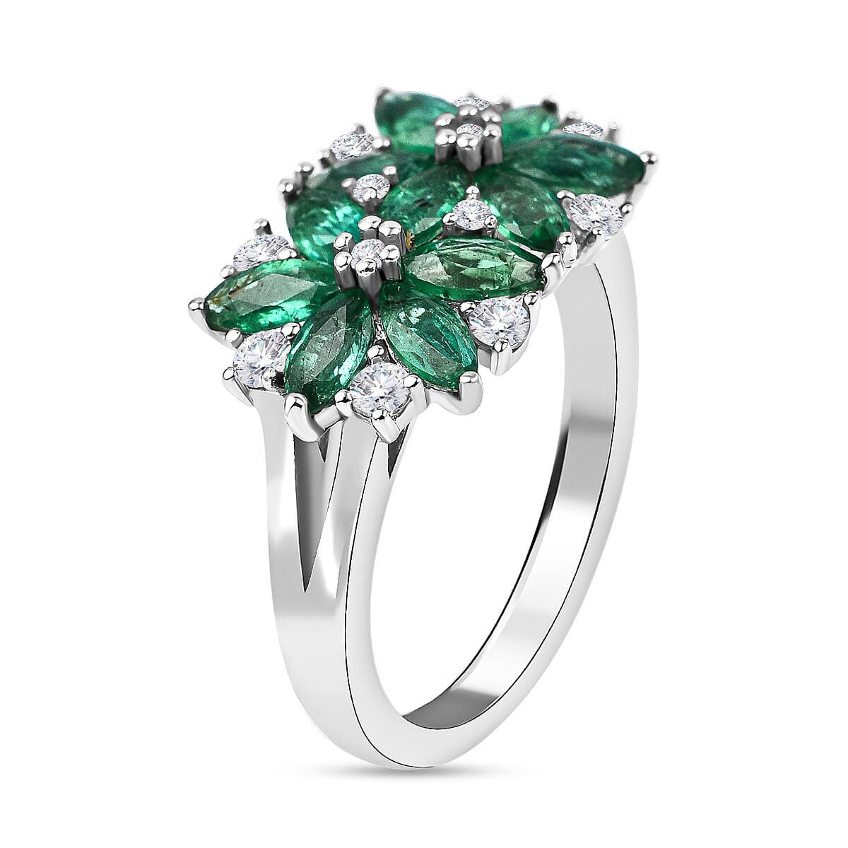 AAA Gemfields Emerald and Natural Cambodian Zircon Cluster Ring in Rhodium Overlay Sterling Silver 1.92 Ct.