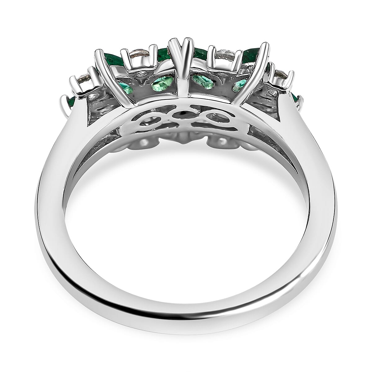 AAA Gemfields Emerald and Natural Cambodian Zircon Cluster Ring in Rhodium Overlay Sterling Silver 1.92 Ct.