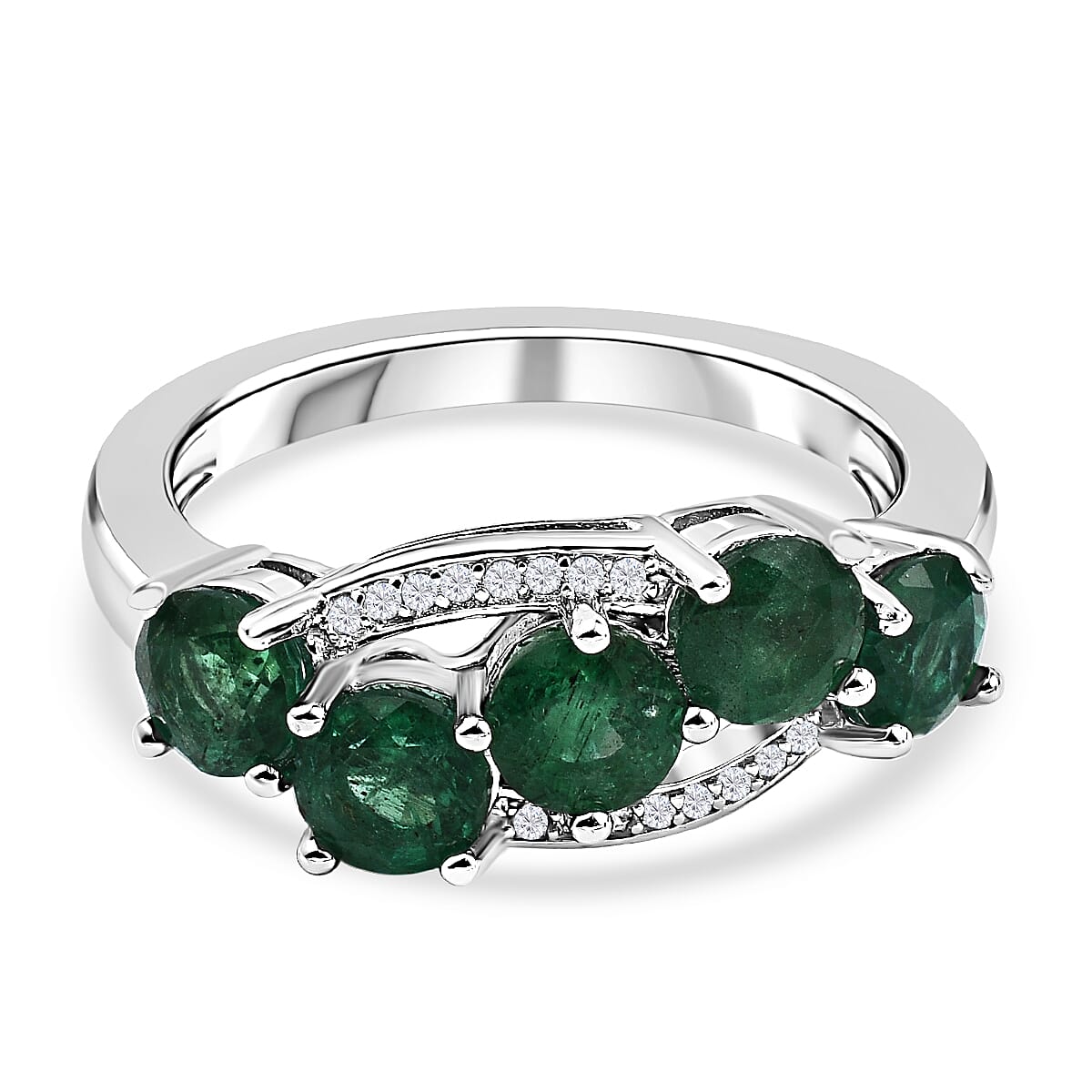 AAA Gemfields Emerald and Natural Cambodian Zircon Ring in Rhodium Overlay Sterling Silver 1.752 Ct.