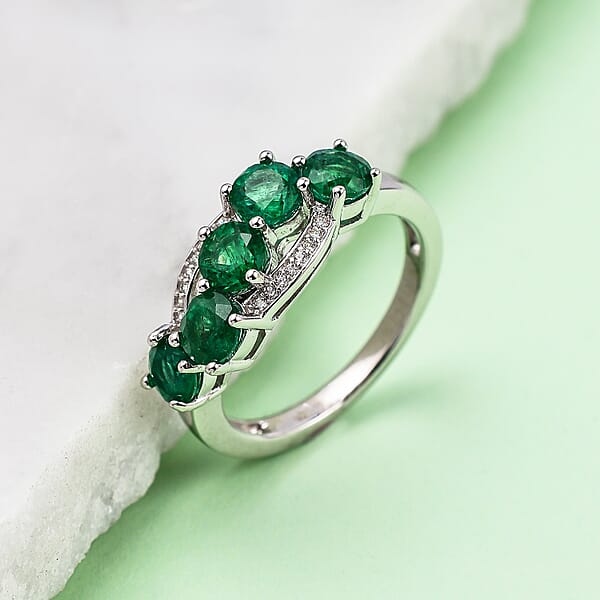 AAA Gemfields Emerald and Natural Cambodian Zircon Ring in Rhodium