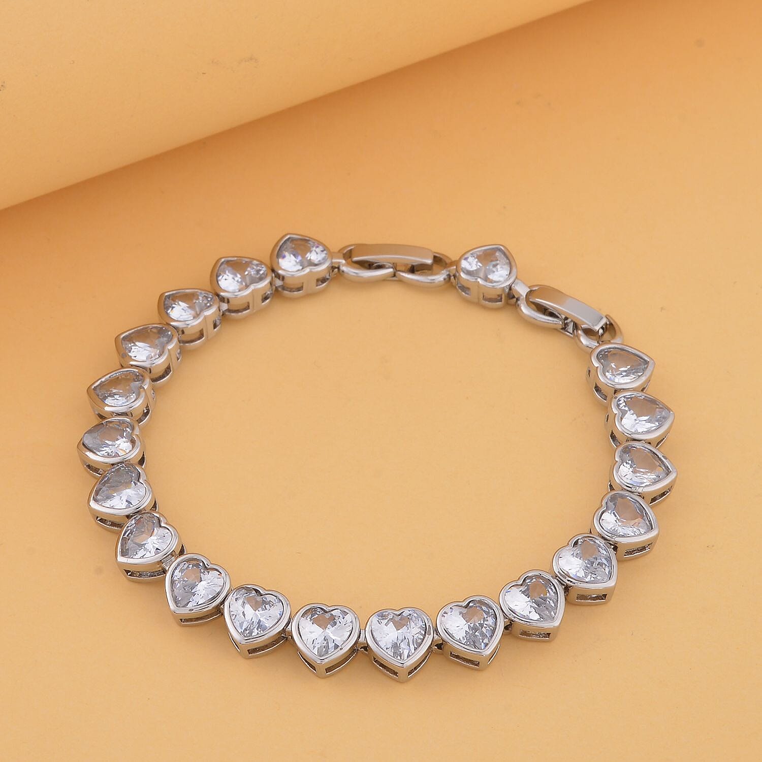 Simulated Diamond Heart Bracelet (Size - 7.5) in Silver Tone