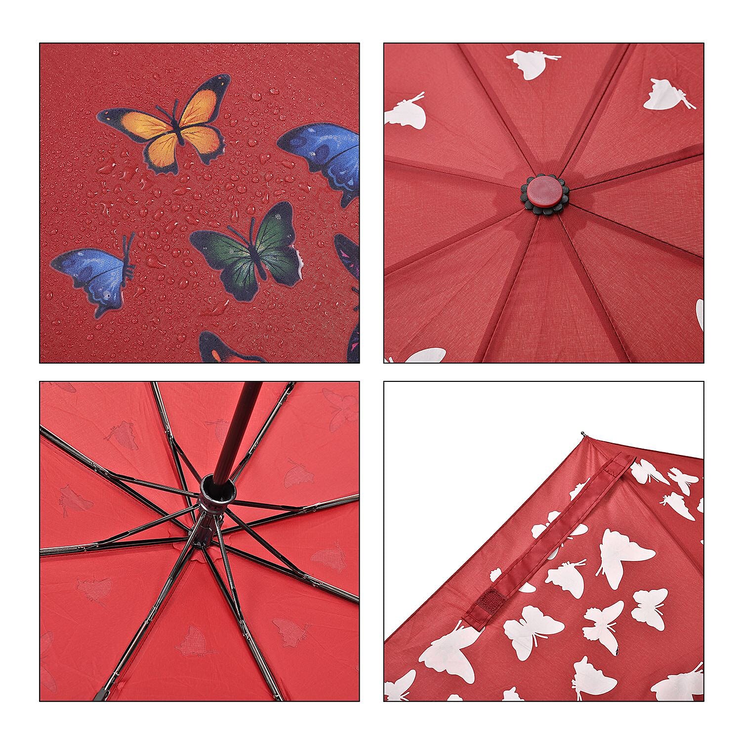 Colour Changing Butterfly Pattern Auto Open - Close Umbrella - Wine Red