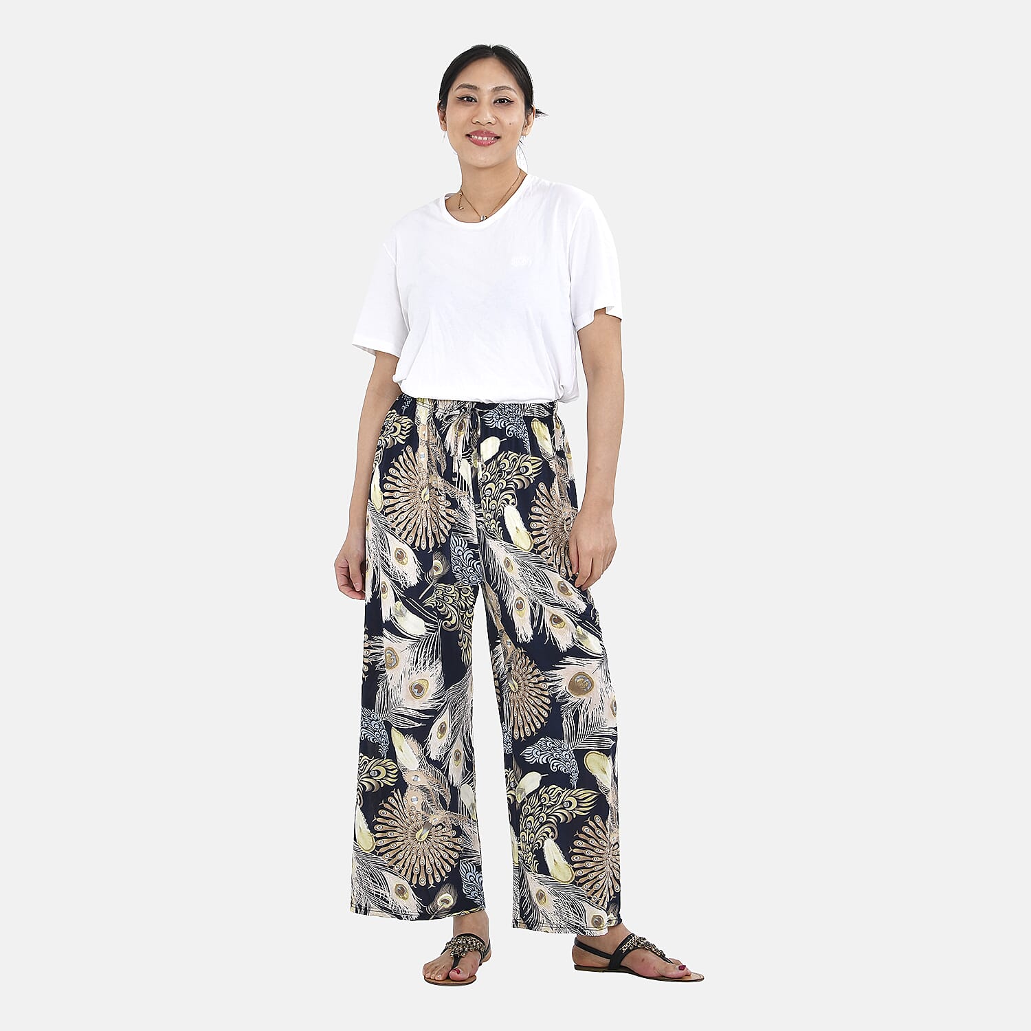 OTO - Tamsy Peacock Feather Pattern Trousers (One Size, 8-18) - Multi