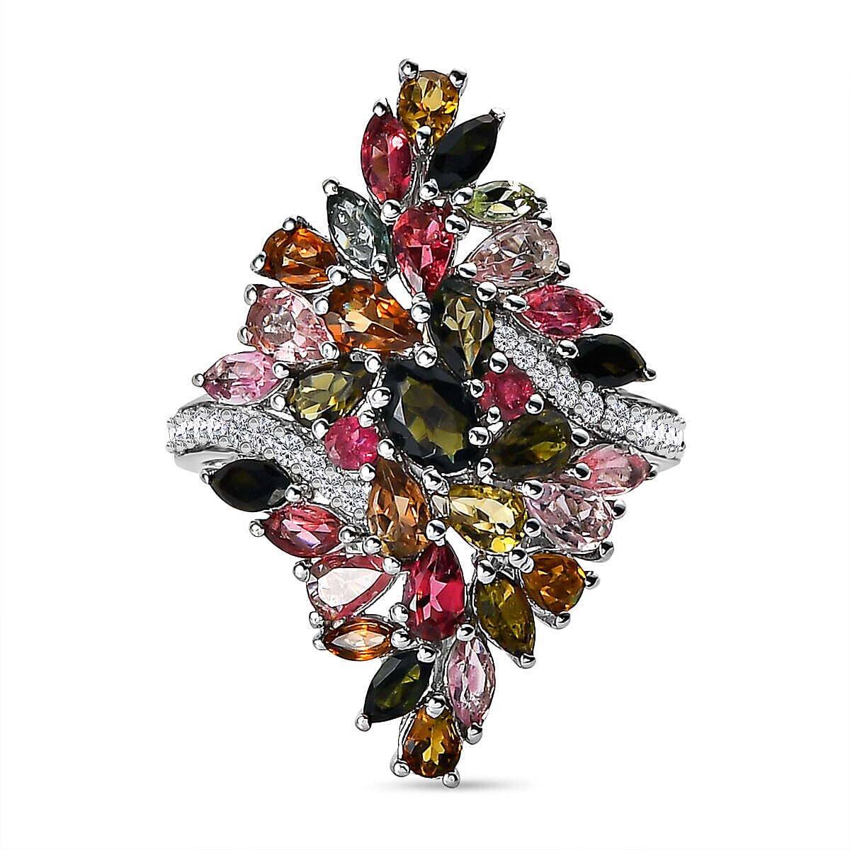 Multi-Tourmaline and Natural Zircon Ring in Platinum Overlay Sterling Silver 5.39 Ct, Silver Wt. 7.25 Gms Multi-Tourmaline and Natural Zircon Ring in Platinum Overlay Sterling Silver 5.39 Ct, Silver Wt. 7.25 Gms