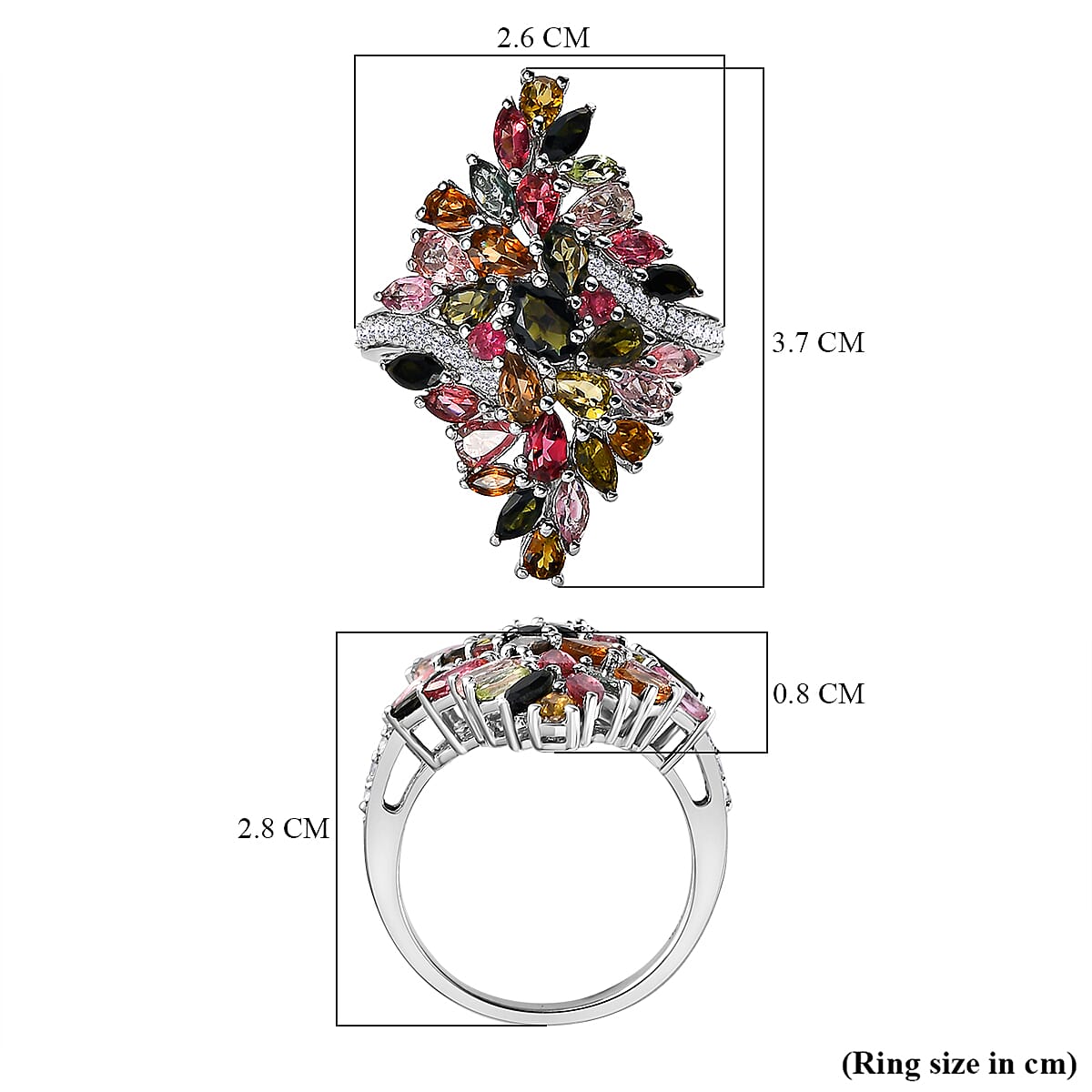 Multi-Tourmaline and Natural Zircon Ring in Platinum Overlay Sterling Silver 5.39 Ct, Silver Wt. 7.25 Gms Multi-Tourmaline and Natural Zircon Ring in Platinum Overlay Sterling Silver 5.39 Ct, Silver Wt. 7.25 Gms