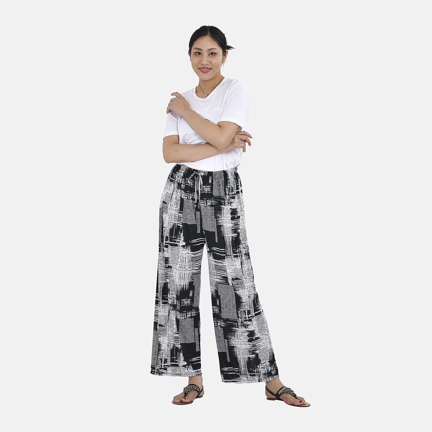 Tamsy Brush Print Trousers (One Size Curve, 18-24) - Black and White