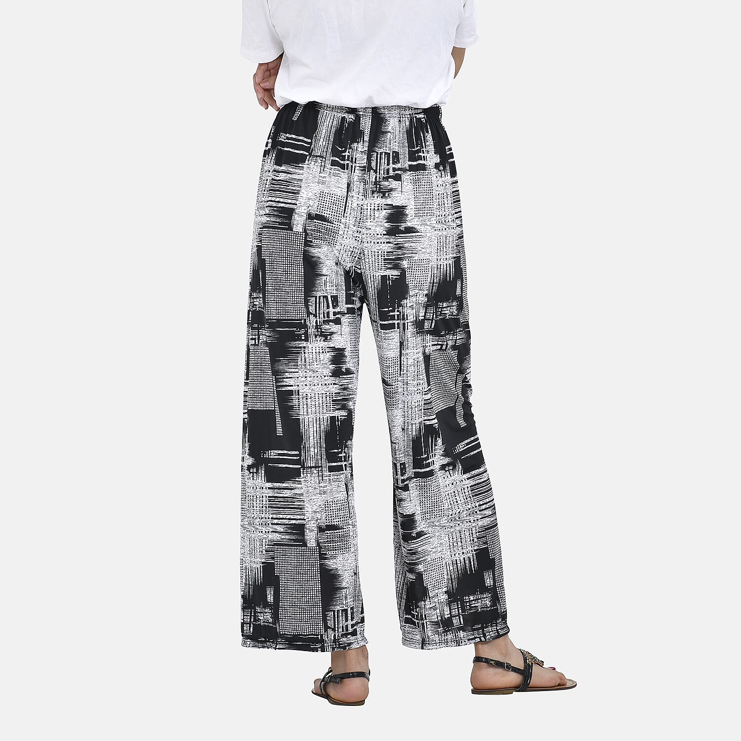 Tamsy Brush Print Trousers (One Size Curve, 18-24) - Black and White