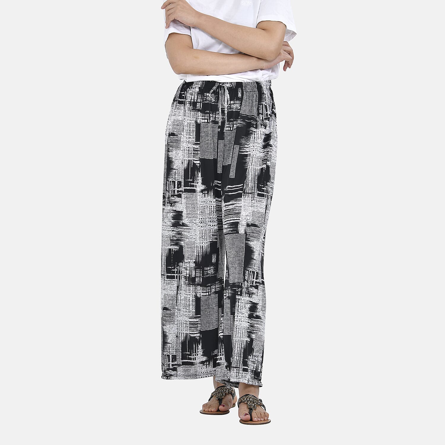 Tamsy Brush Print Trousers (One Size Curve, 18-24) - Black and White