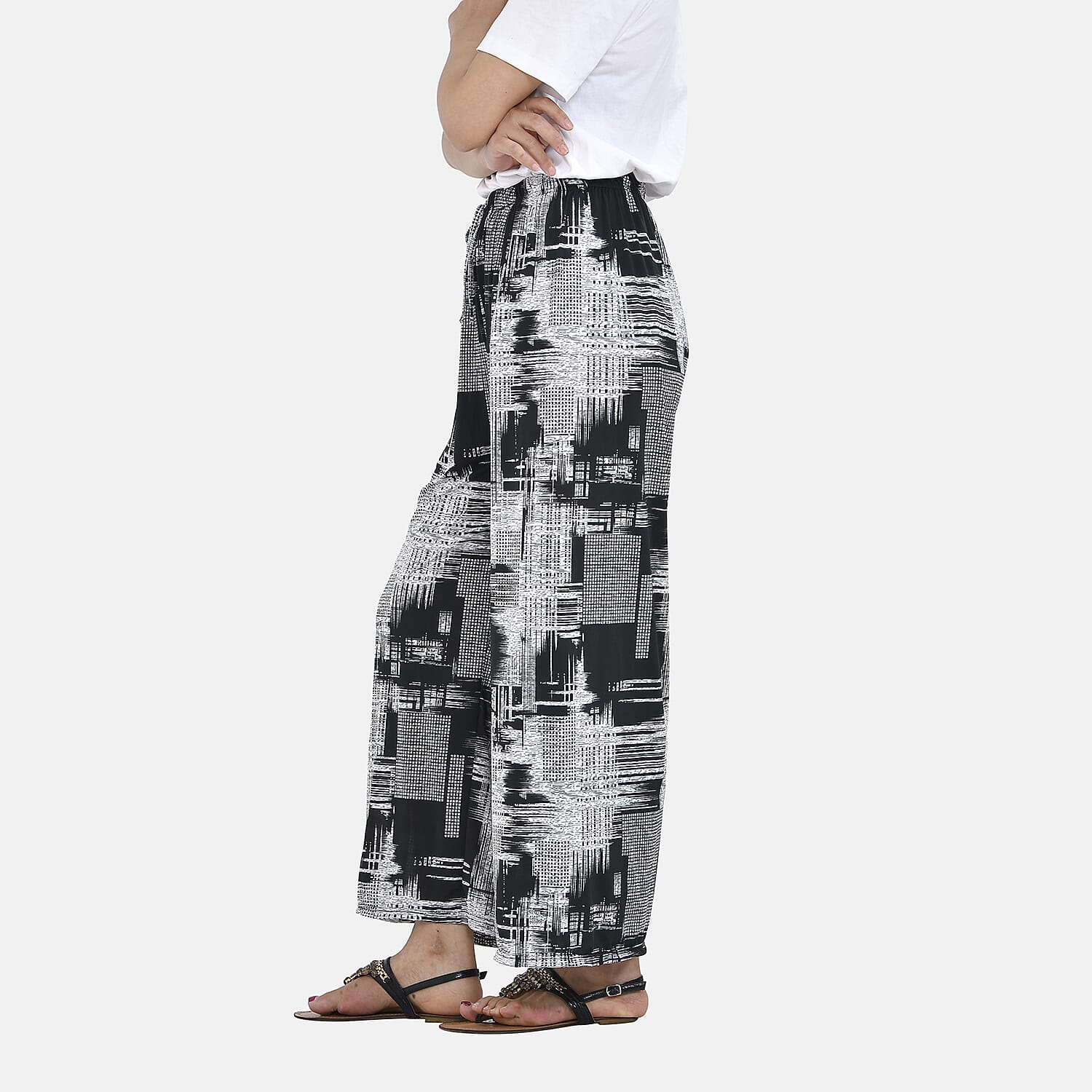 Tamsy Brush Print Trousers (One Size Curve, 18-24) - Black and White