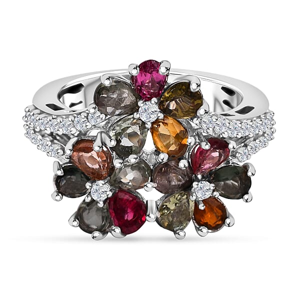 Multi-Tourmaline and Natural Zircon Wishbone Cluster Ring in Platinum ...