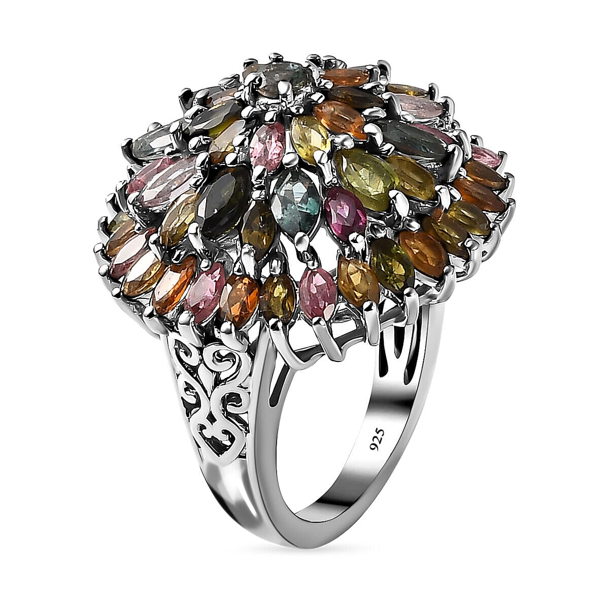 Multi-Tourmaline Cluster Ring in Platinum Overlay Sterling Silver 5.45 ...