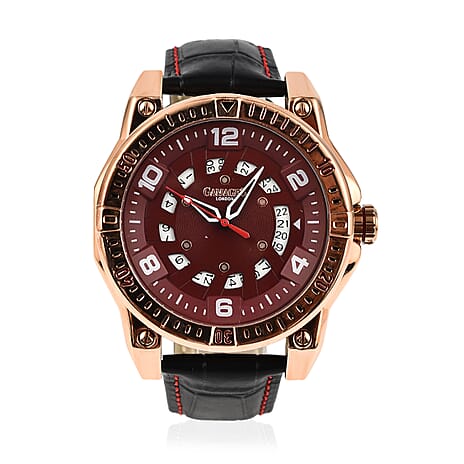 GAMAGES OF LONDON Limited Edition Hand Assembled Adventurer Automatic Movement Cherry Dial Water Resistant Watch with Black Leather Strap