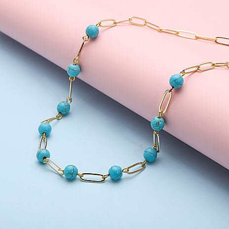 Blue Howlite Paperclip Necklace (Size 18 with 2 Inch Extender) in Yellow Gold Tone 33.0 Ct