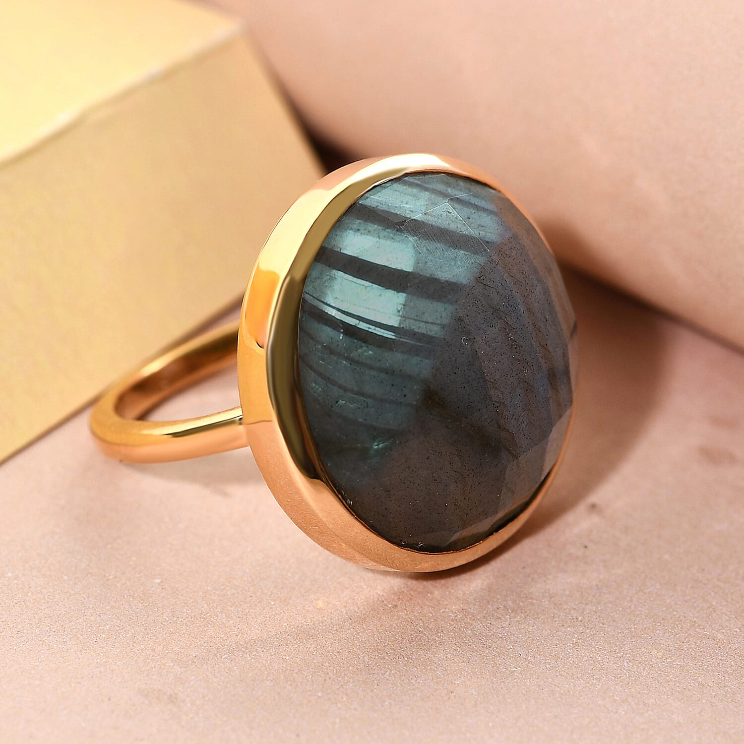 Labradorite Solitaire Ring in Vermeil Yellow Gold Overlay Sterling Silver 20.40 Ct.