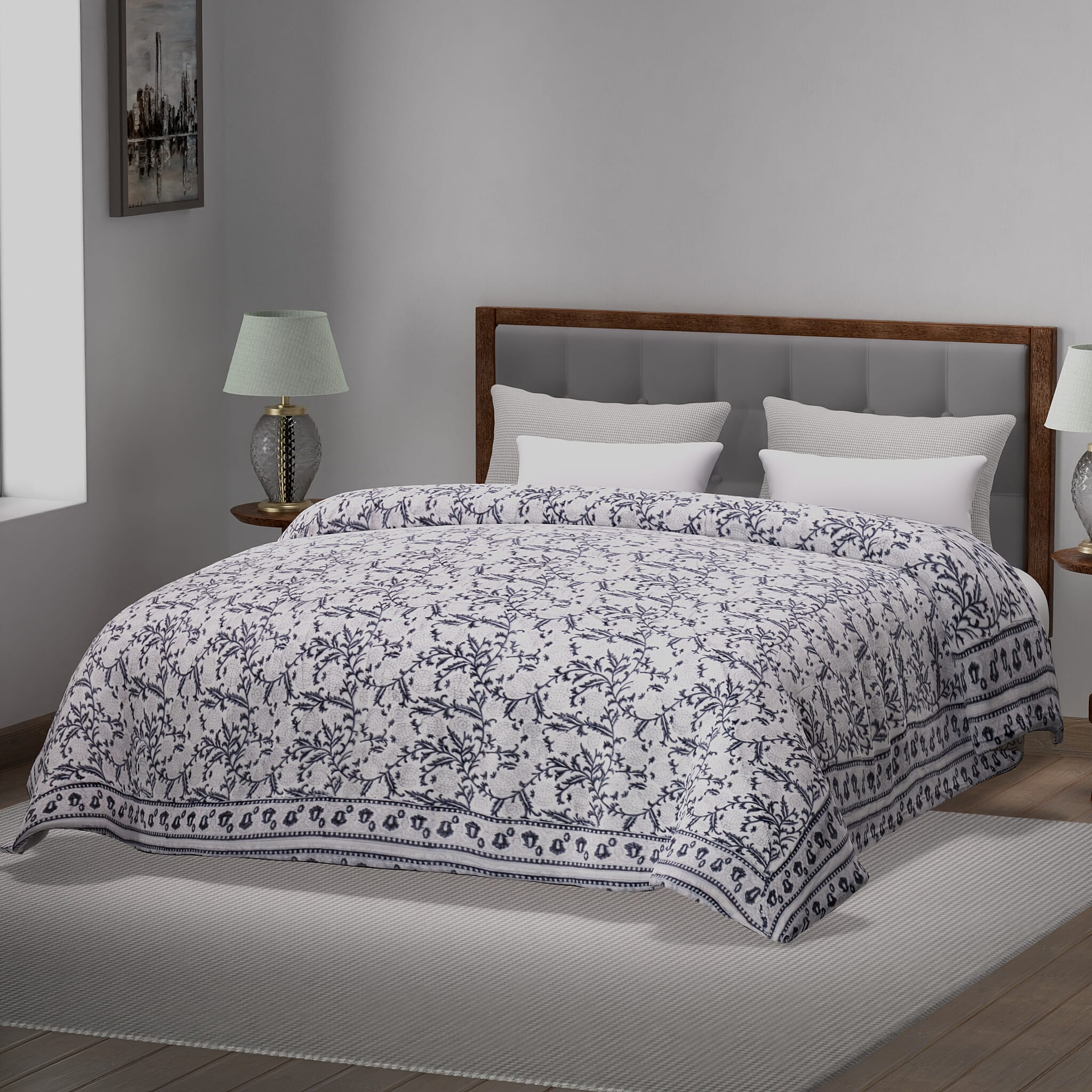 Super Find - Sunday Child - Block Printed Cotton Voile Hand Stitched Quilt - Grey