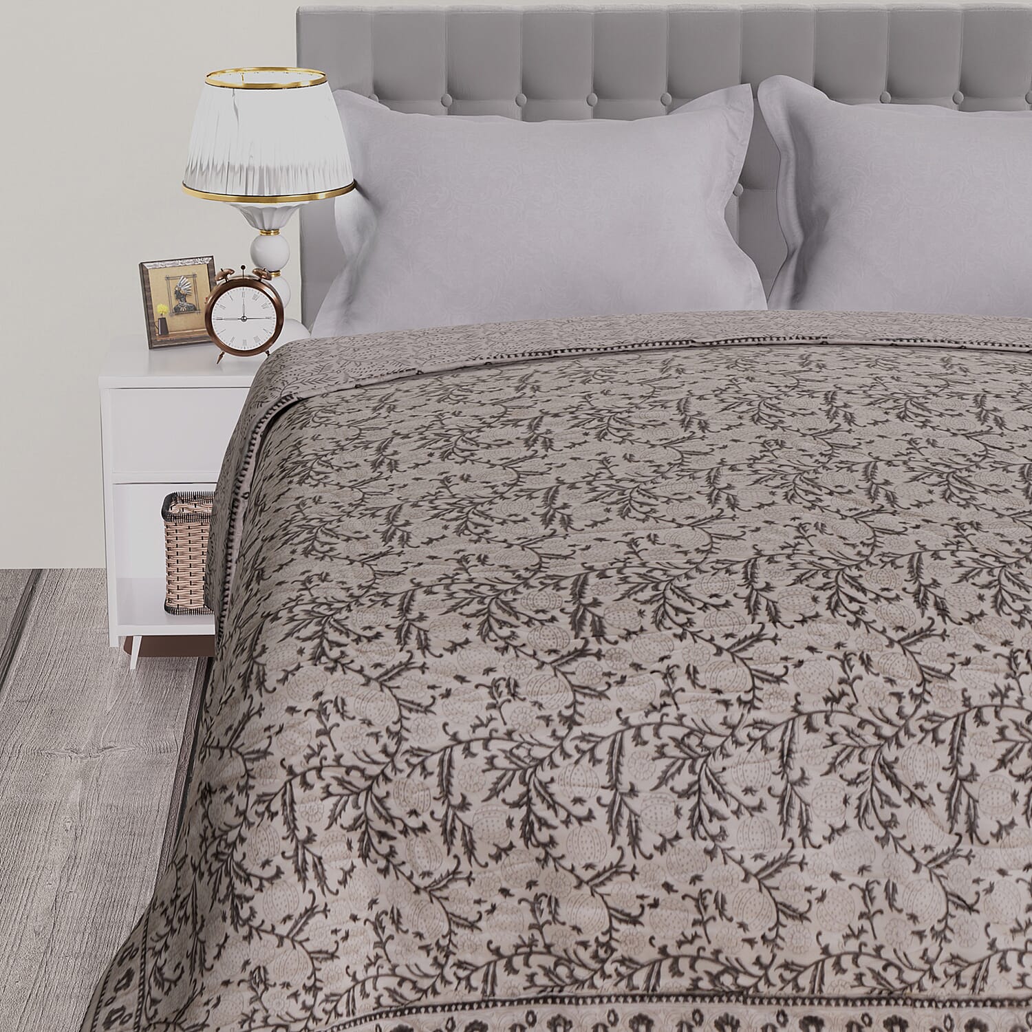 Super Find - Sunday Child - Block Printed Cotton Voile Hand Stitched Quilt - Grey