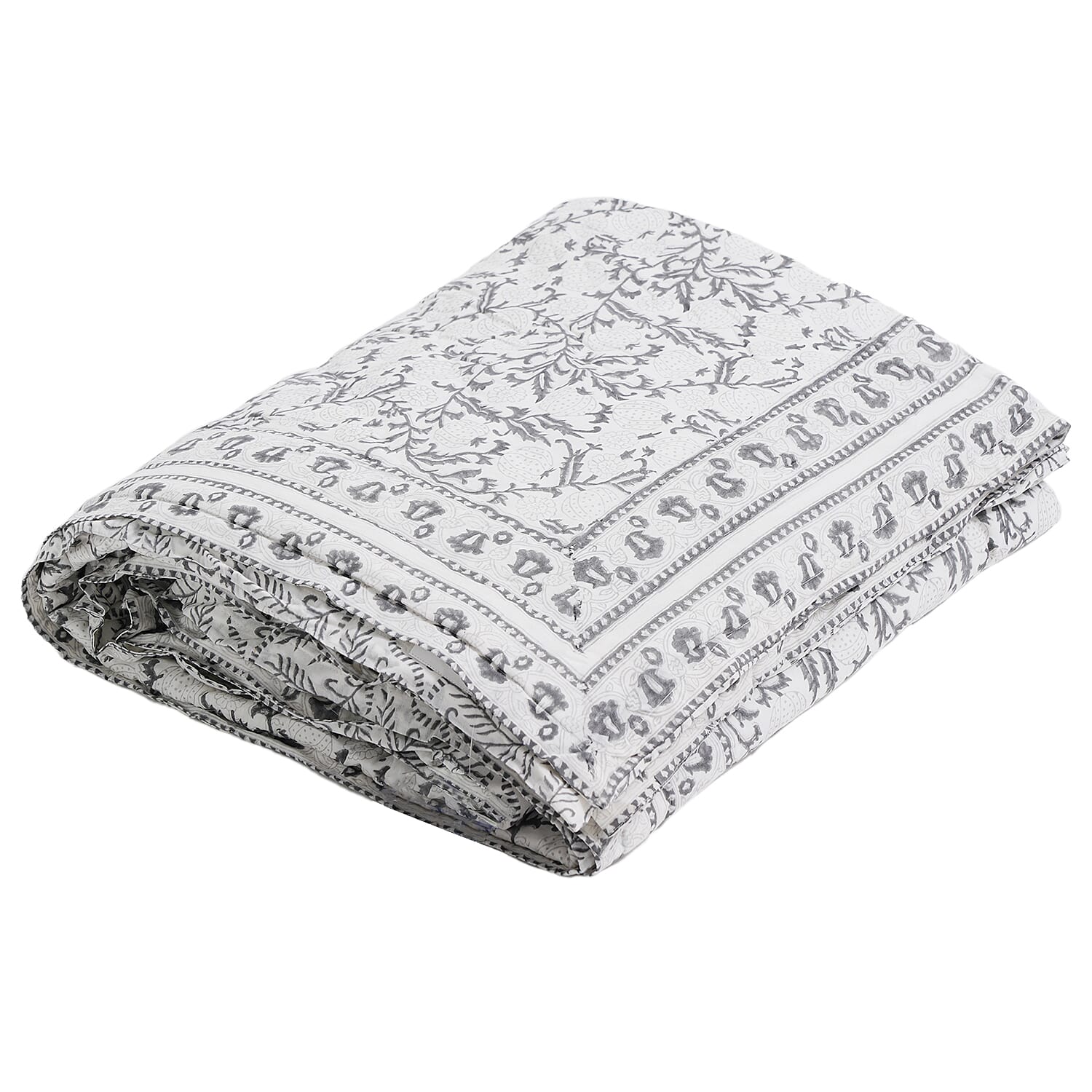 Super Find - Sunday Child - Block Printed Cotton Voile Hand Stitched Quilt - Grey