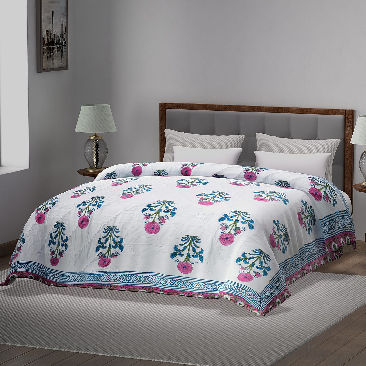 Super Find - Sunday Child - Block Printed Cotton Voile Hand Stitched Quilt - Grey