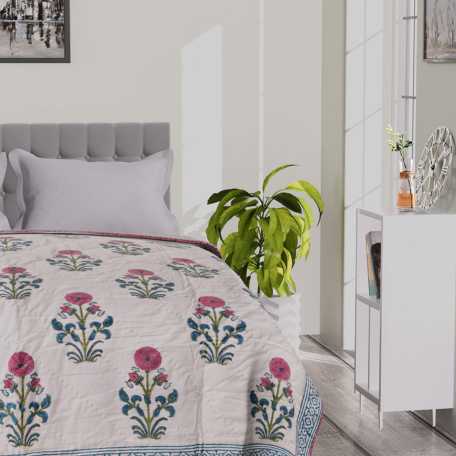 Super Find - Sunday Child - Block Printed Cotton Voile Hand Stitched Quilt - Grey