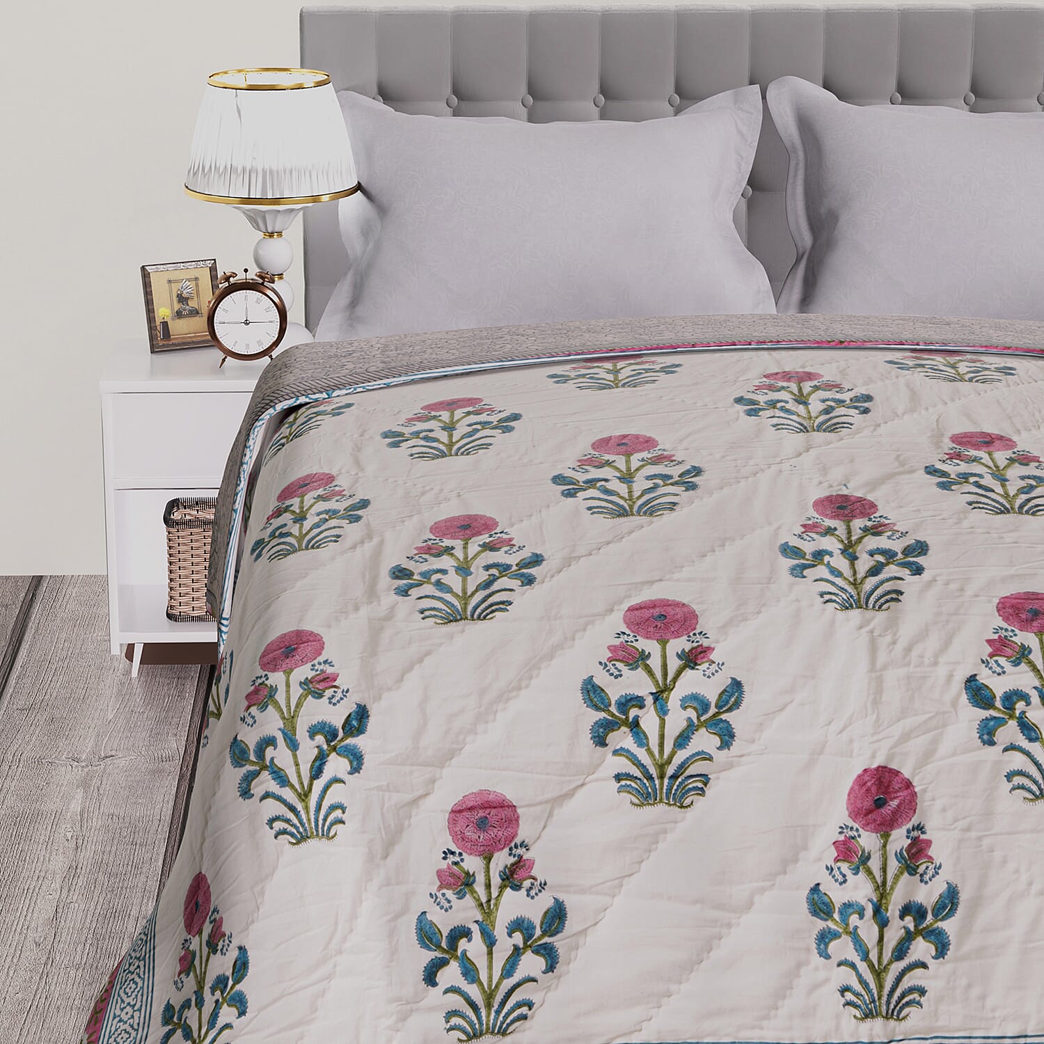 Super Find - Sunday Child - Block Printed Cotton Voile Hand Stitched Quilt - Grey