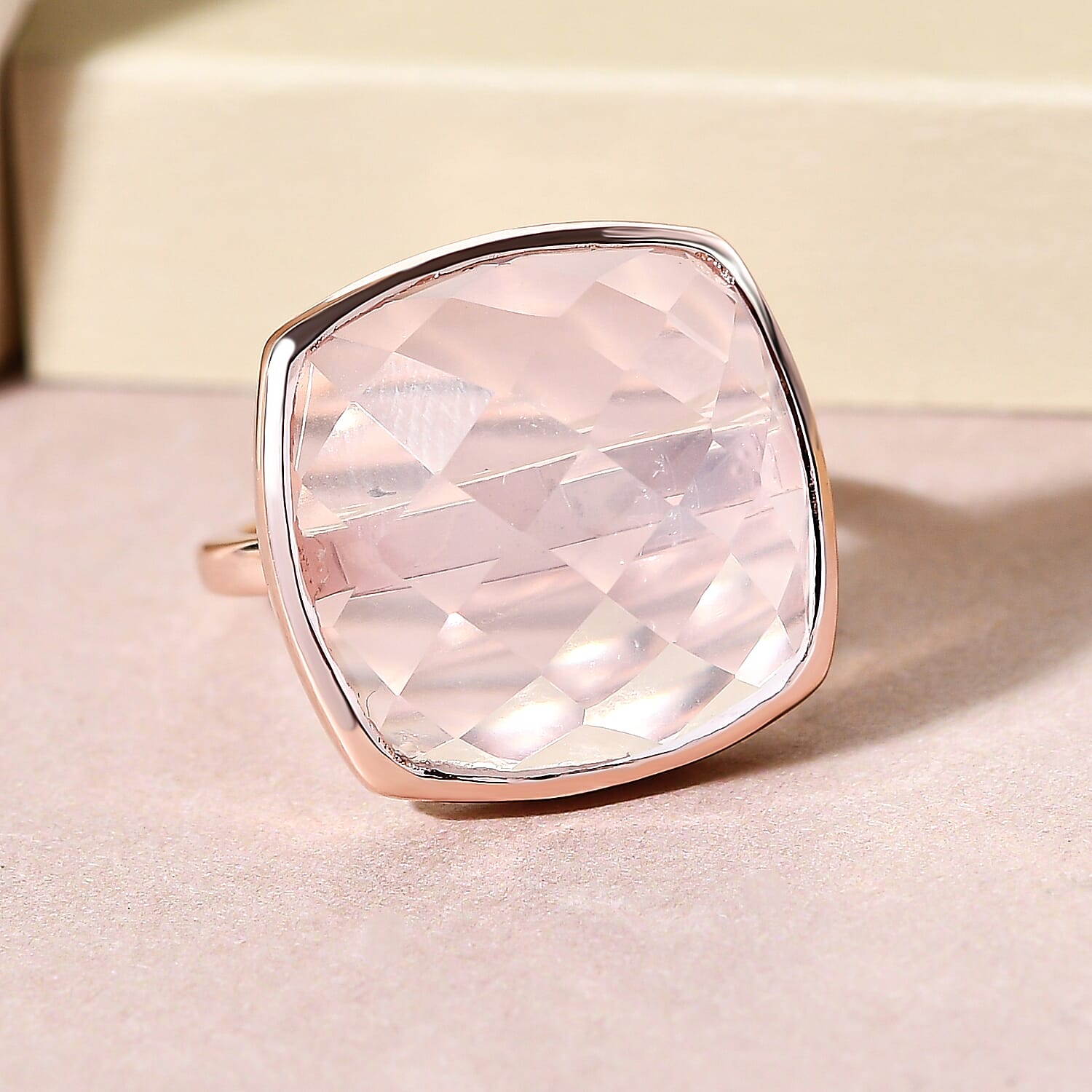 Rose Quartz Solitaire Ring in Rose Gold Vermeil Overlay Sterling Silver 16.86 Ct.