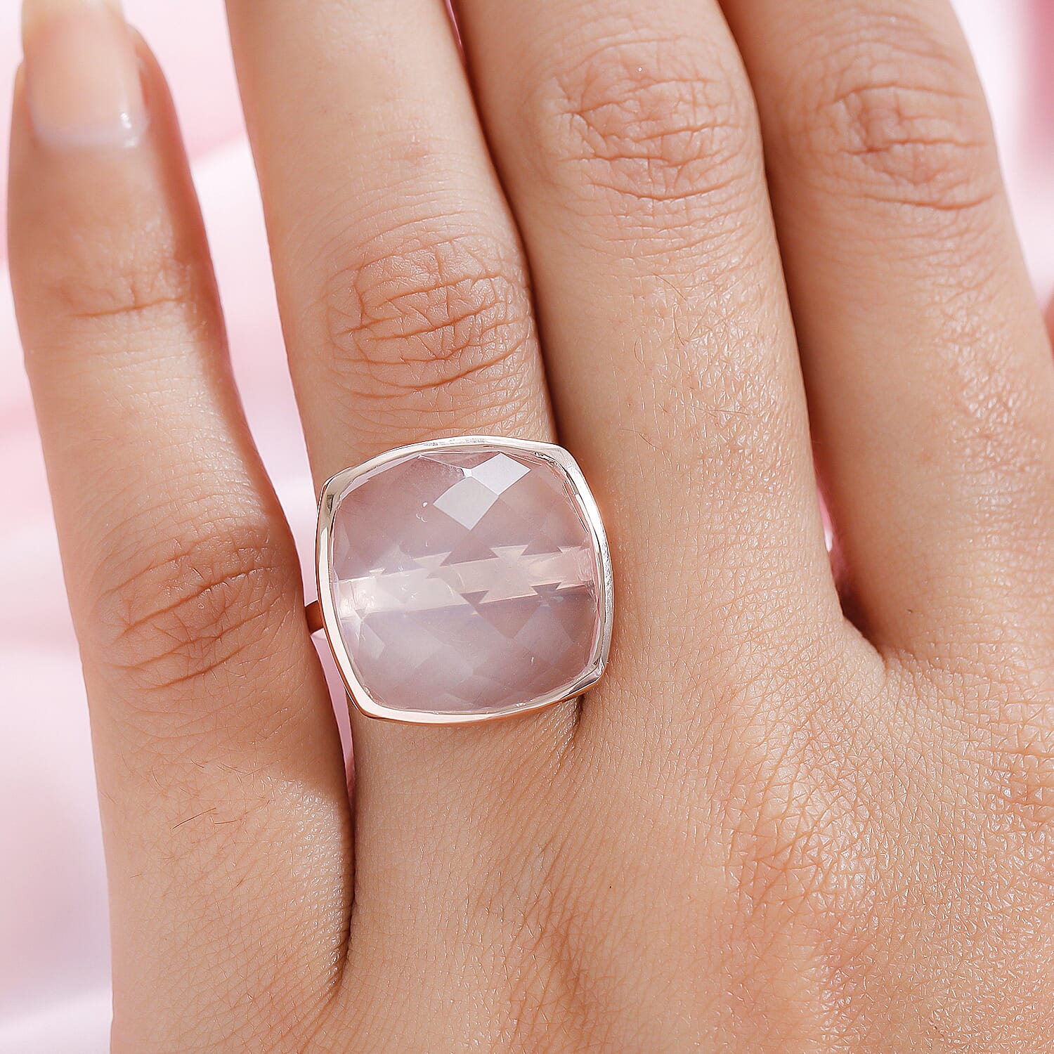Rose Quartz Solitaire Ring in Rose Gold Vermeil Overlay Sterling Silver 16.86 Ct.