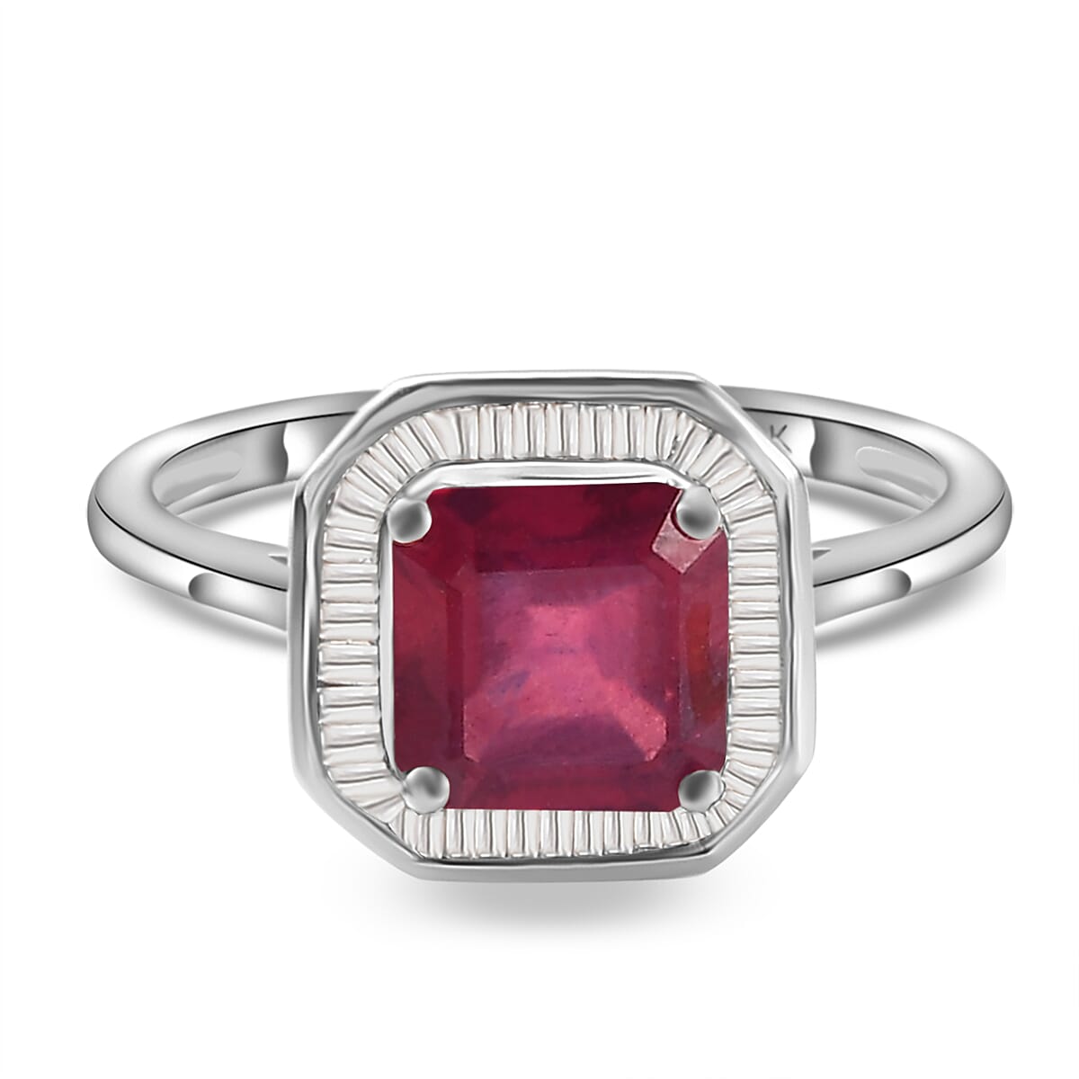 9K White Gold African Ruby (FF) (Asscher Cut) and Diamond Halo Ring 2.79 Ct.