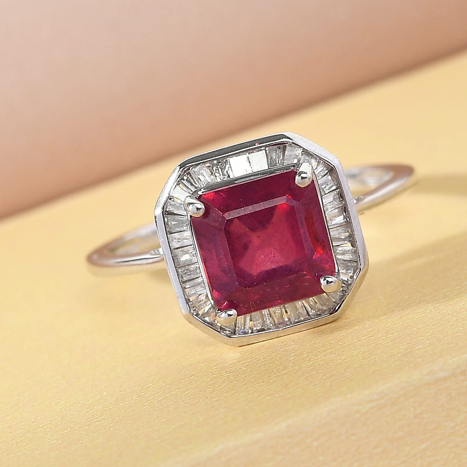 9K White Gold African Ruby (FF) (Asscher Cut) and Diamond Halo Ring 2.79 Ct.