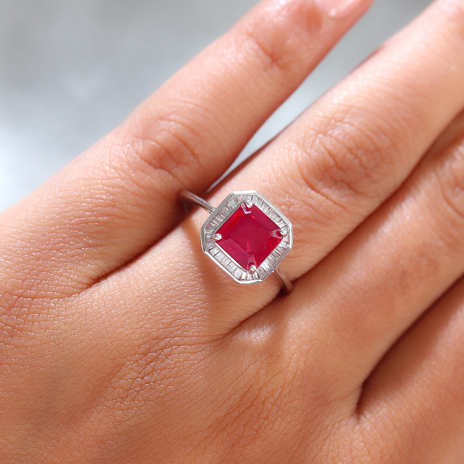 9K White Gold African Ruby (FF) (Asscher Cut) and Diamond Halo Ring 2.79 Ct.