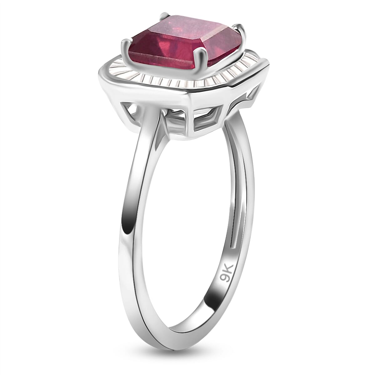 9K White Gold African Ruby (FF) (Asscher Cut) and Diamond Halo Ring 2.79 Ct.