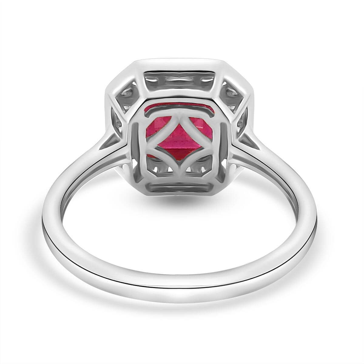9K White Gold African Ruby (FF) (Asscher Cut) and Diamond Halo Ring 2.79 Ct.