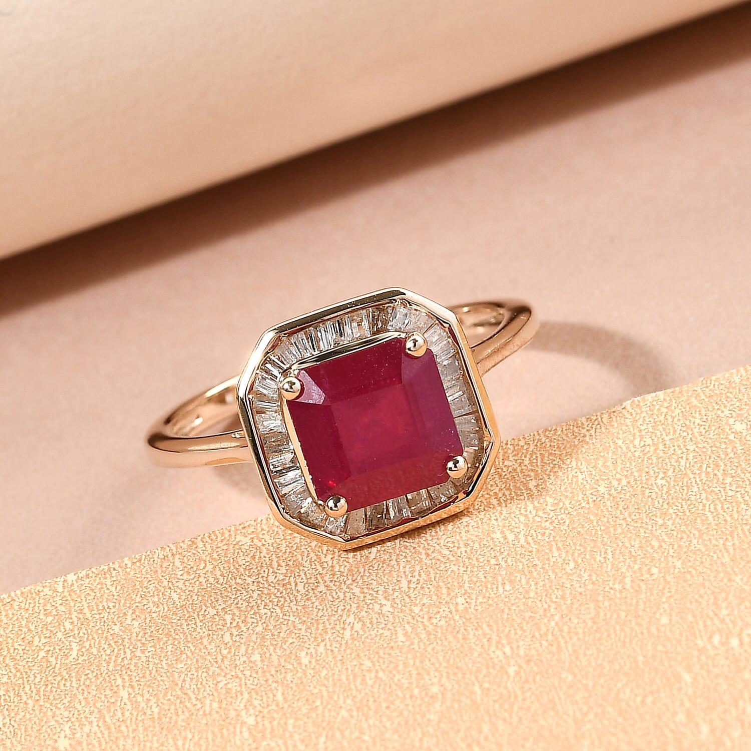 9K Yellow Gold AA African Ruby (FF) (Asscher Cut) and Diamond Ring 2.79 Ct.