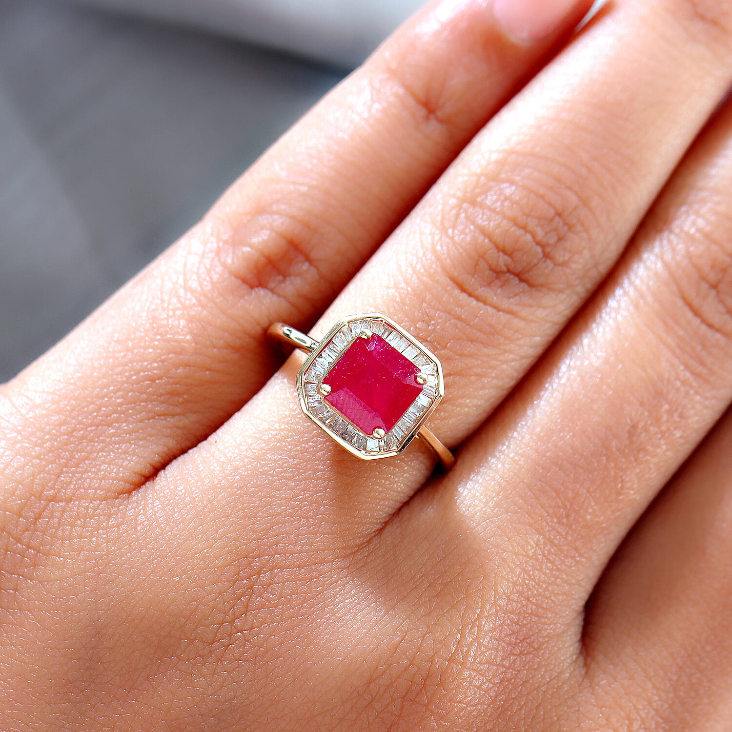 9K Yellow Gold AA African Ruby (FF) (Asscher Cut) and Diamond Ring 2.79 Ct.