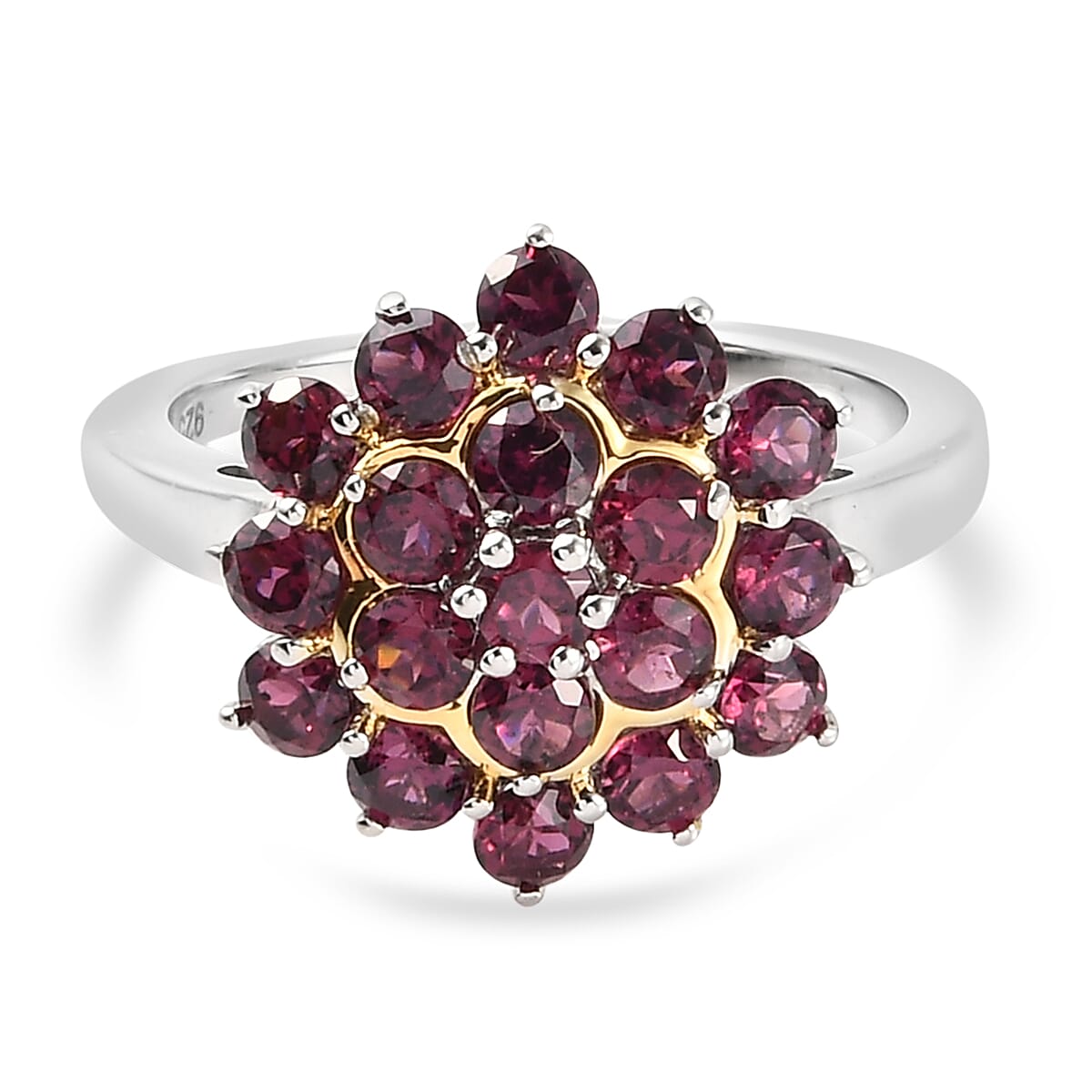 Rhodolite Garnet Cluster Ring in Yellow and Platinum Overlay Sterling Silver 2.34 Ct.