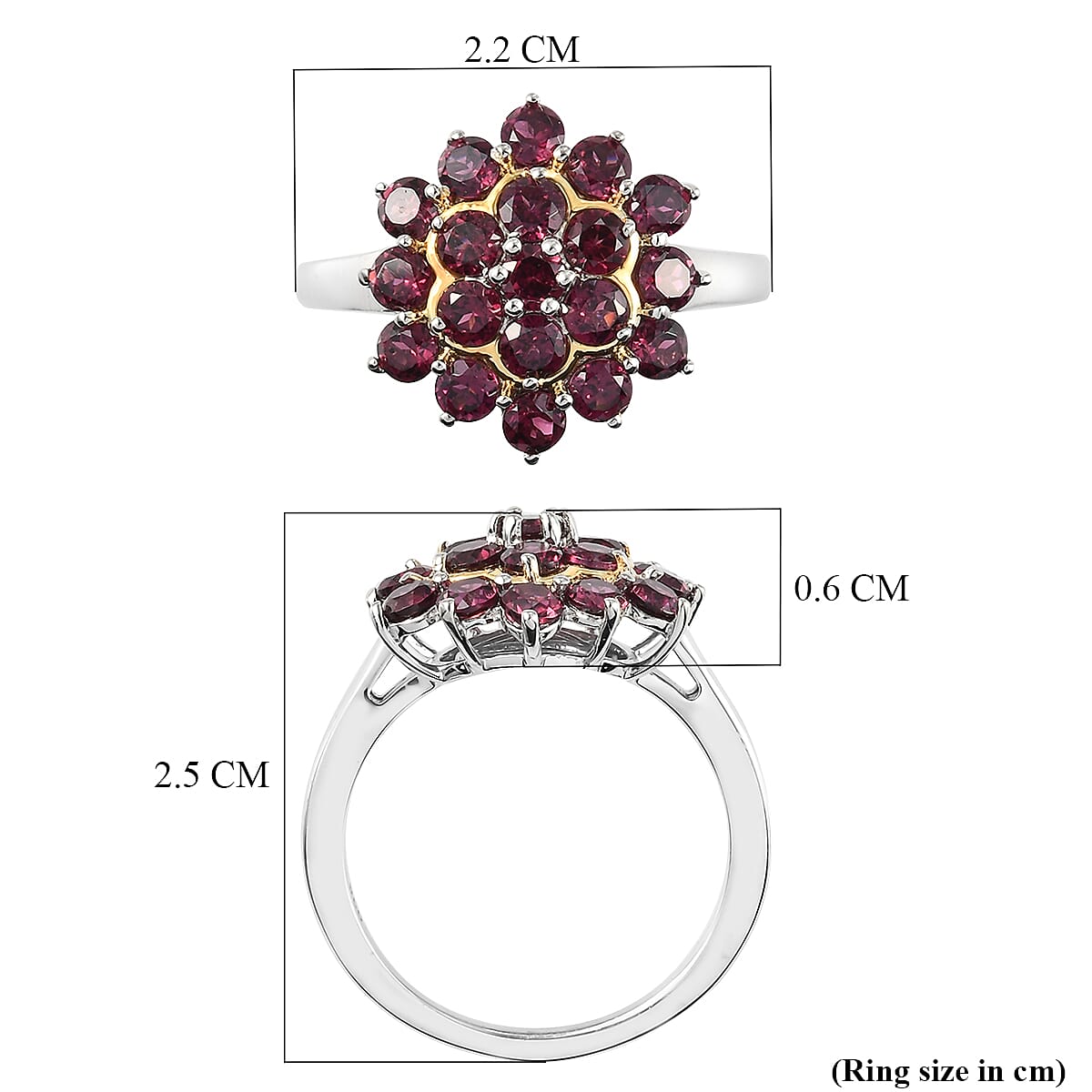 Rhodolite Garnet Cluster Ring in Yellow and Platinum Overlay Sterling Silver 2.34 Ct.