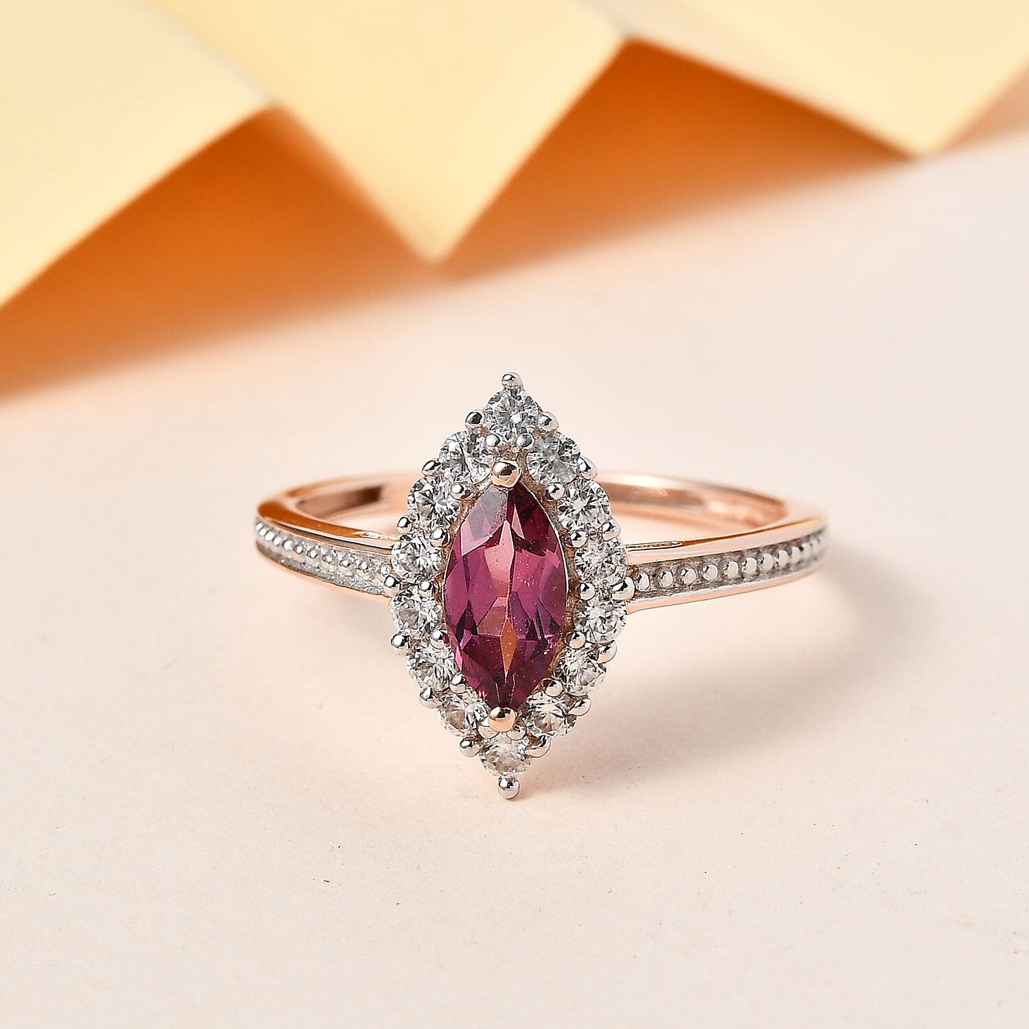D'Joy - Tanzanian Wine Garnet and Natural Zircon Halo Ring in 18K Vermeil Rose Gold Plated Sterling Silver 1.00 Ct.