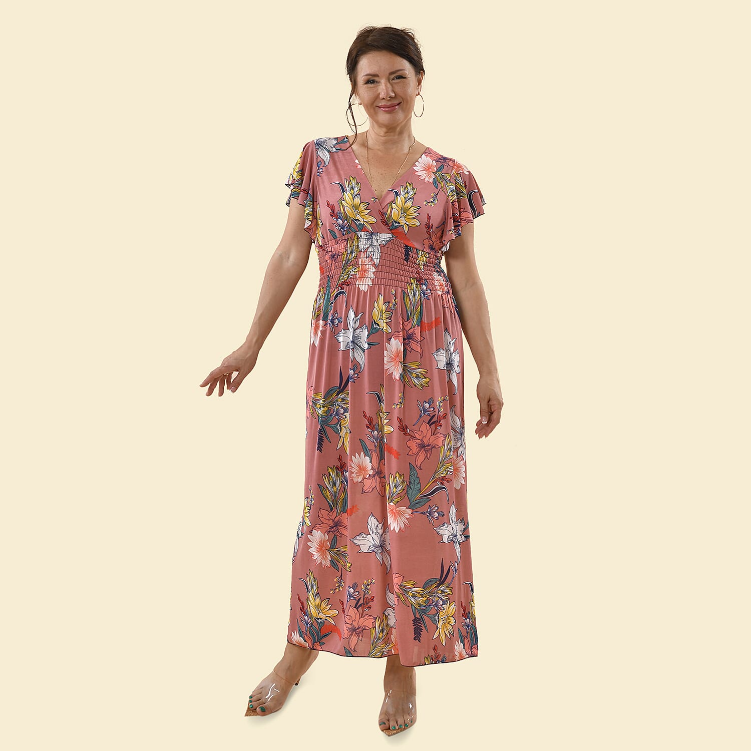 TAMSY Floral Pattern Smocked Maxi Dress - Pink