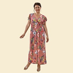 TAMSY Floral Pattern Smocked Maxi Dress - Pink