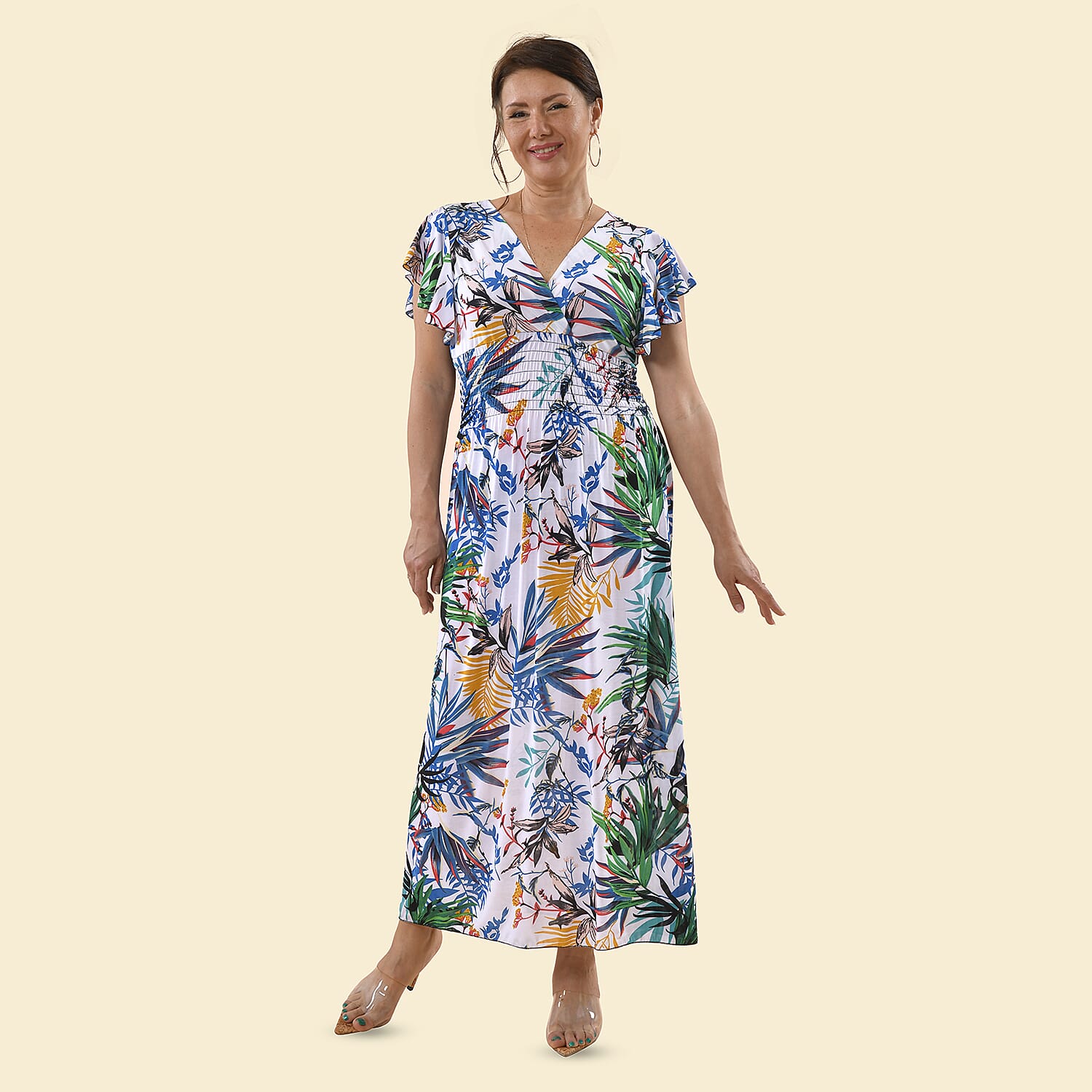 TAMSY Leaf Pattern Smocked Maxi Dress (Size 8-22) - White