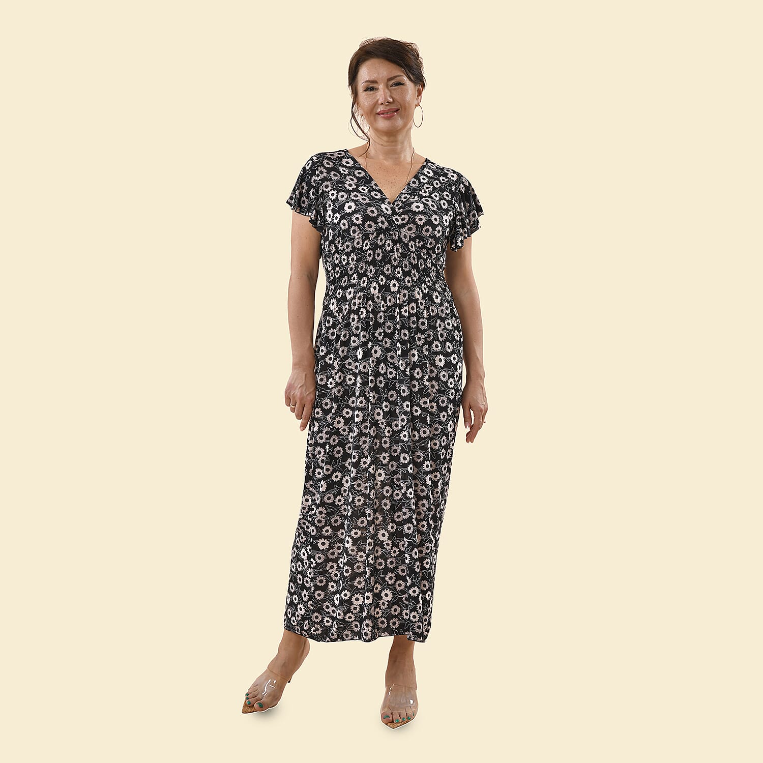 TAMSY Floral Pattern Smocked Maxi Dress (Size 8-22) - Black & White