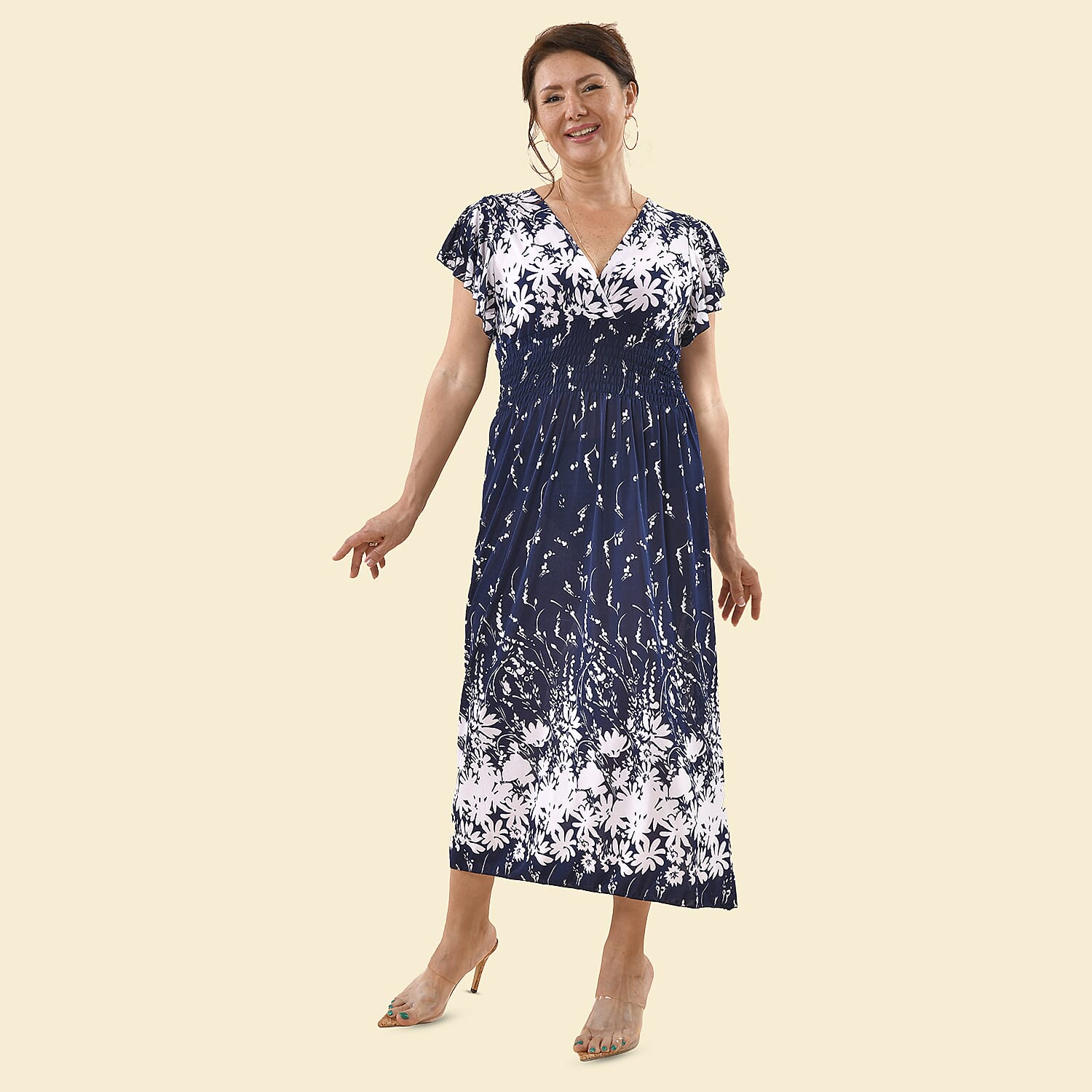 TAMSY Floral Pattern Smocked Maxi Dress (Size 8-22) - Navy & White
