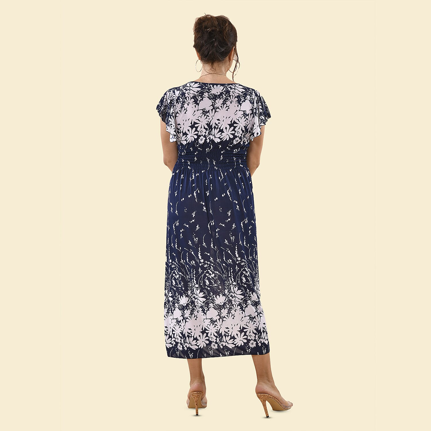 TAMSY Floral Pattern Smocked Maxi Dress (Size 8-22) - Navy & White