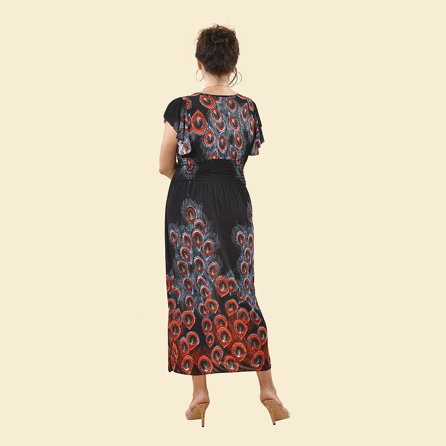 TAMSY Peacock Pattern Smocked Maxi Dress (Size 8-22) - Black