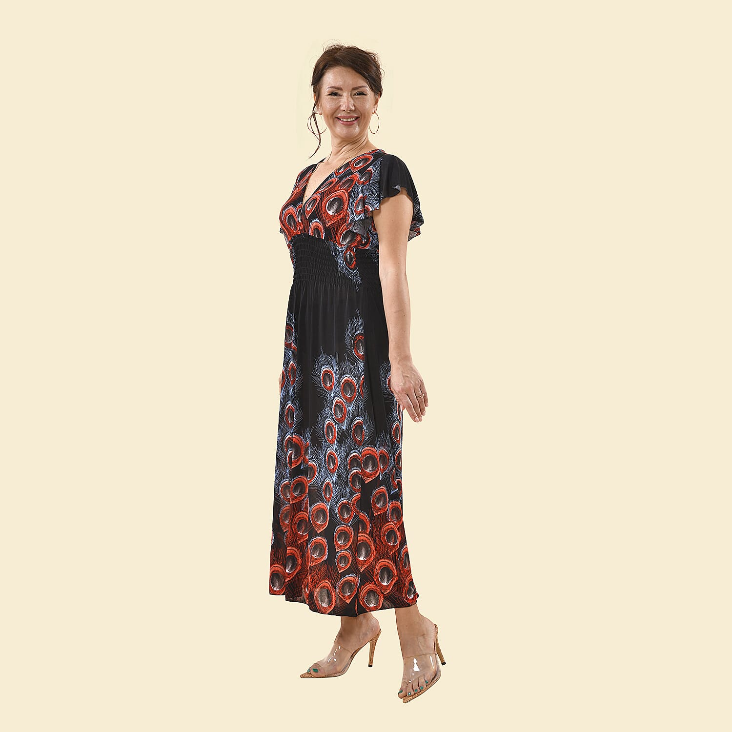 TAMSY Peacock Pattern Smocked Maxi Dress (Size 8-22) - Black