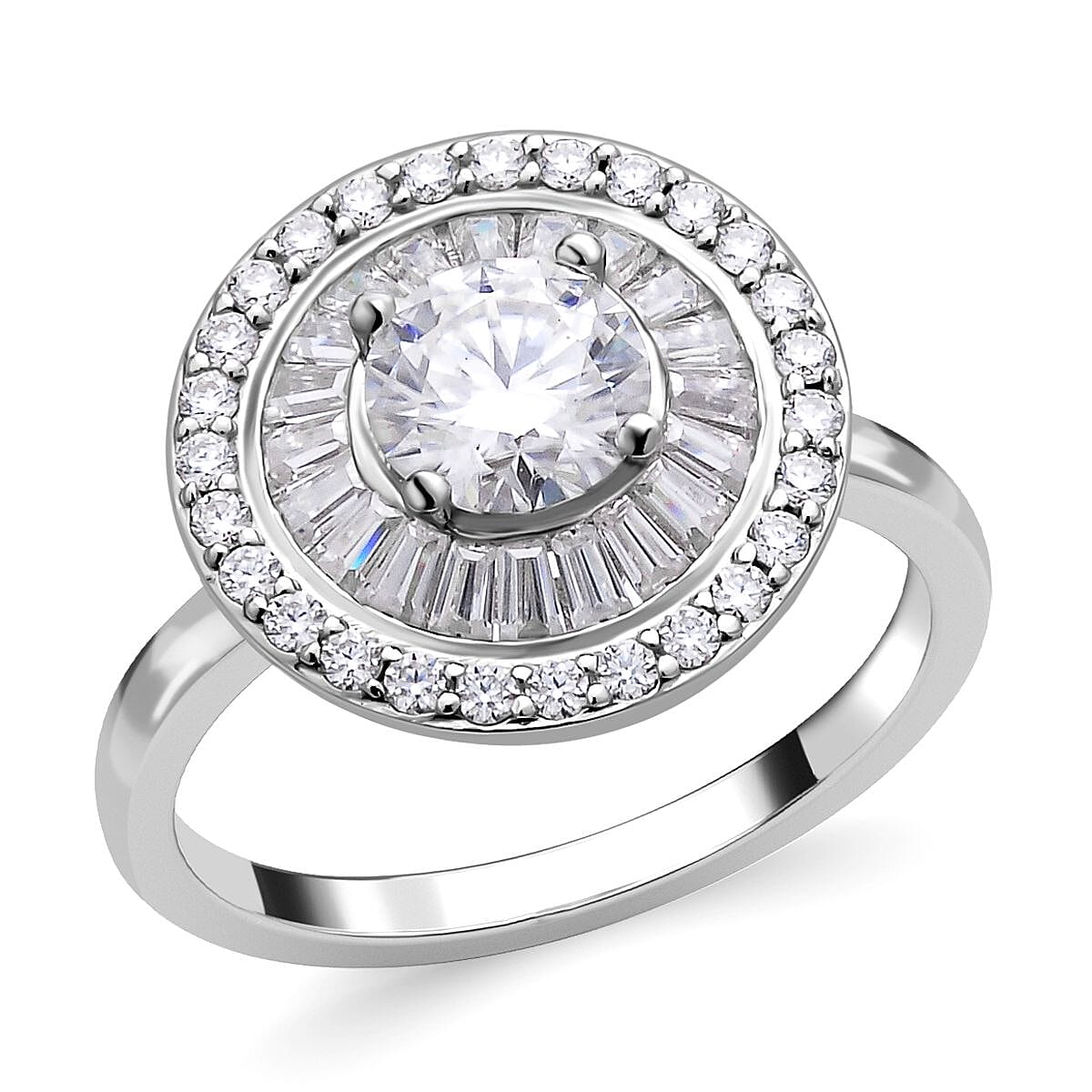 Moissanite Ring (100 Facets) in Rhodium Overlay Sterling Silver 2.09 Ct