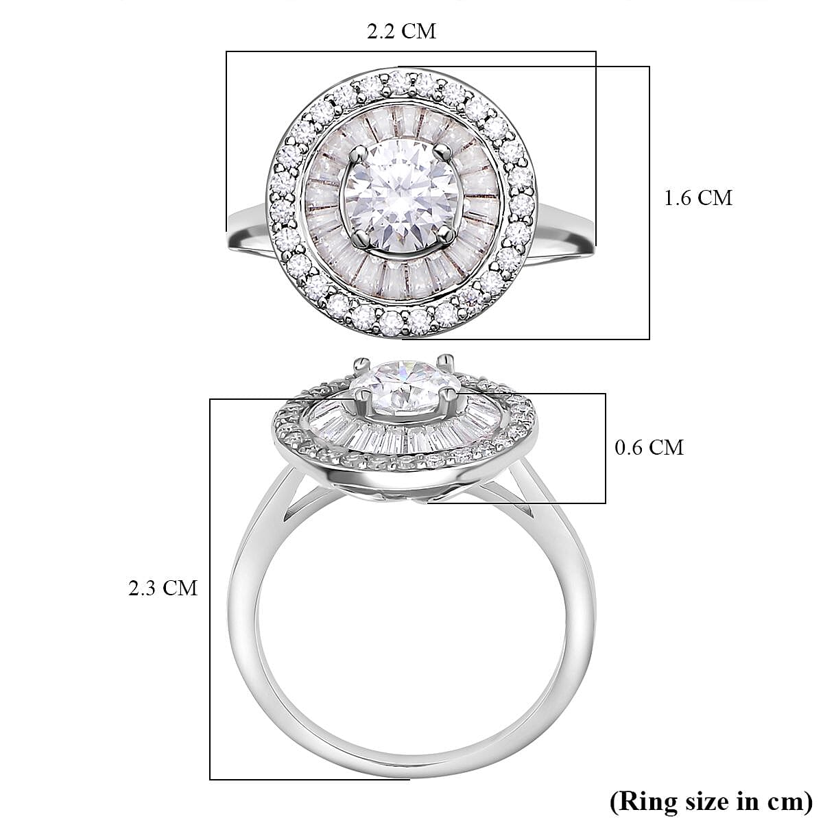 Moissanite Ring (100 Facets) in Rhodium Overlay Sterling Silver 2.09 Ct