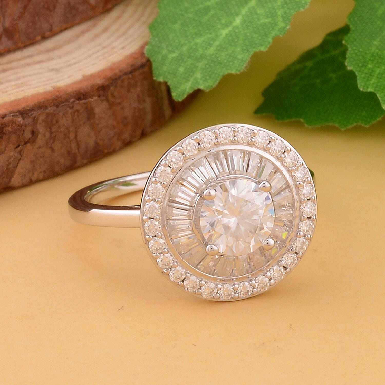 Moissanite Ring (100 Facets) in Rhodium Overlay Sterling Silver 2.09 Ct