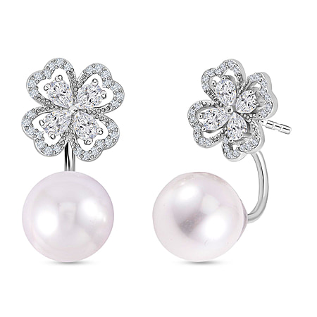 White Shell Pearl and Simulated Diamond Floral Ball Stud Earrings