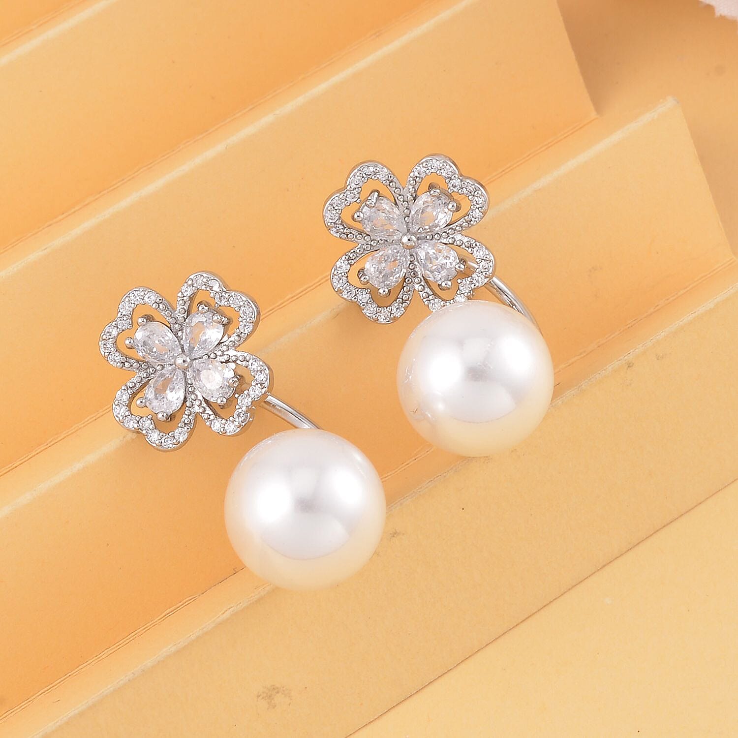 White Shell Pearl and Simulated Diamond Floral Ball Stud Earrings