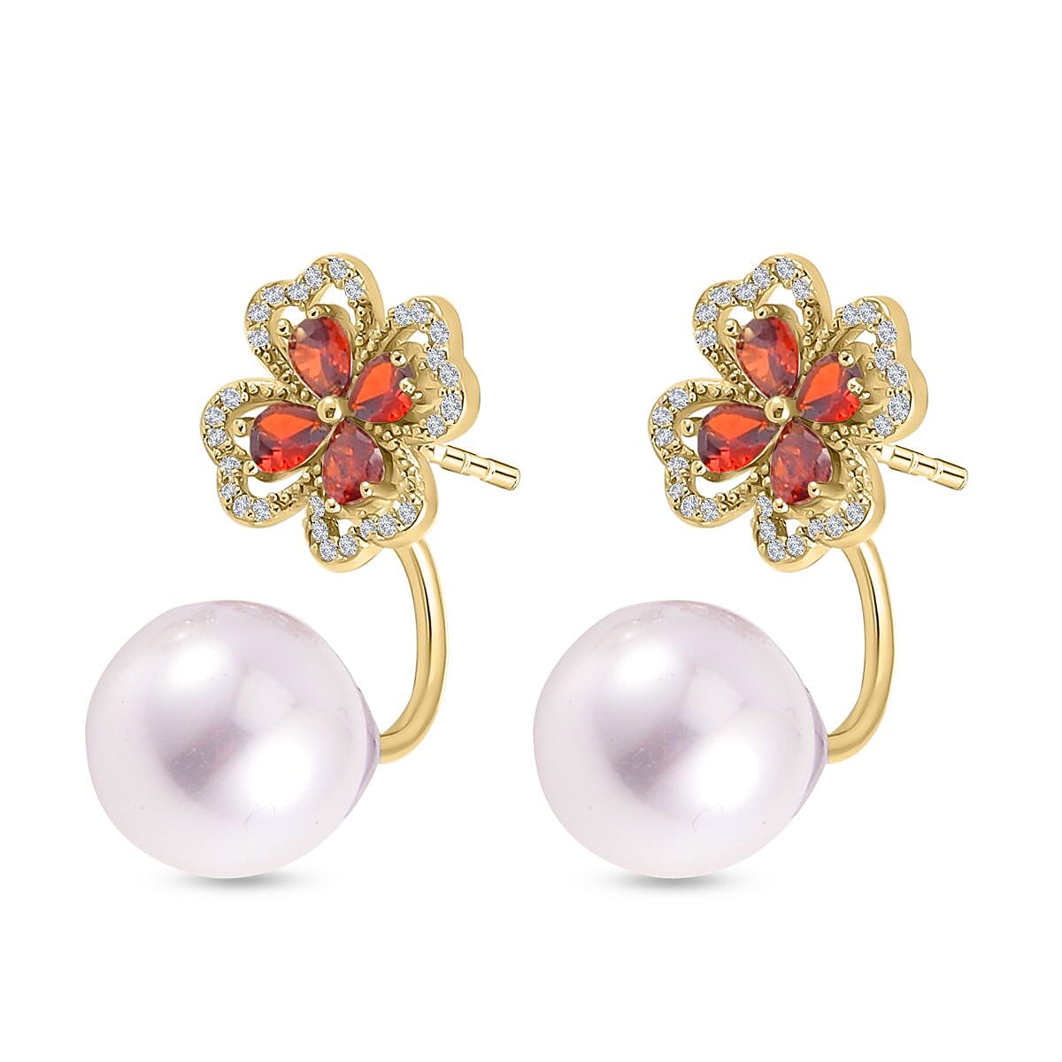 Shell Pearl and Simulated Red Sapphire Stud Earrings in Yellow Gold Tone